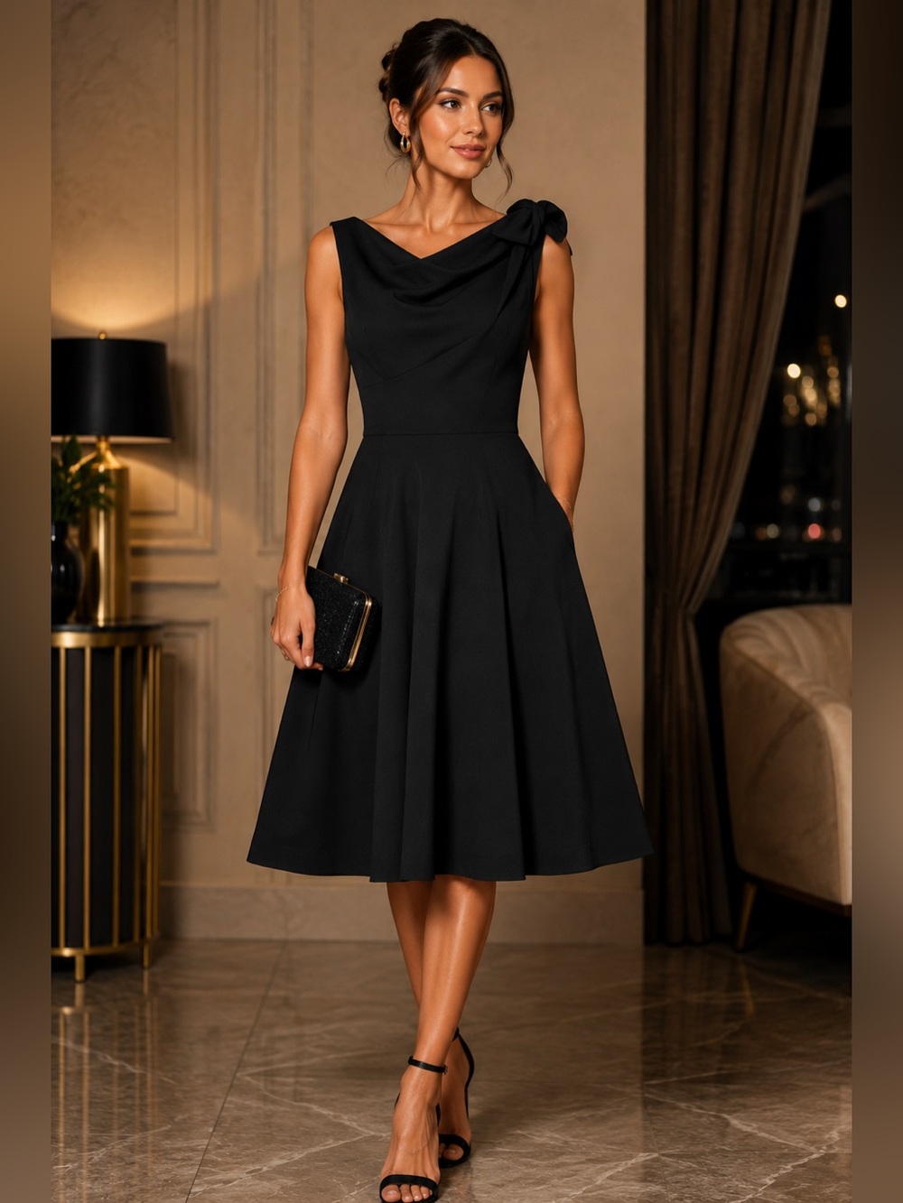 DKNY NWT Size 2 Black Fit & Flare Midi Dress Draped Neck